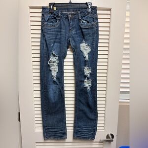 Machine Jeans Nouvelle Mode 31 Distressed Skinny Blue Denim Low Rise Whiskered